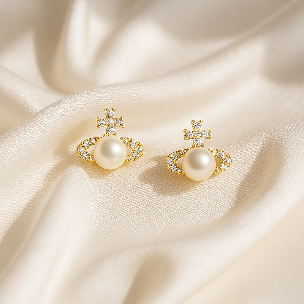 Saturn Pearl Stud Earrings – White Gold – Cute Zircon Design