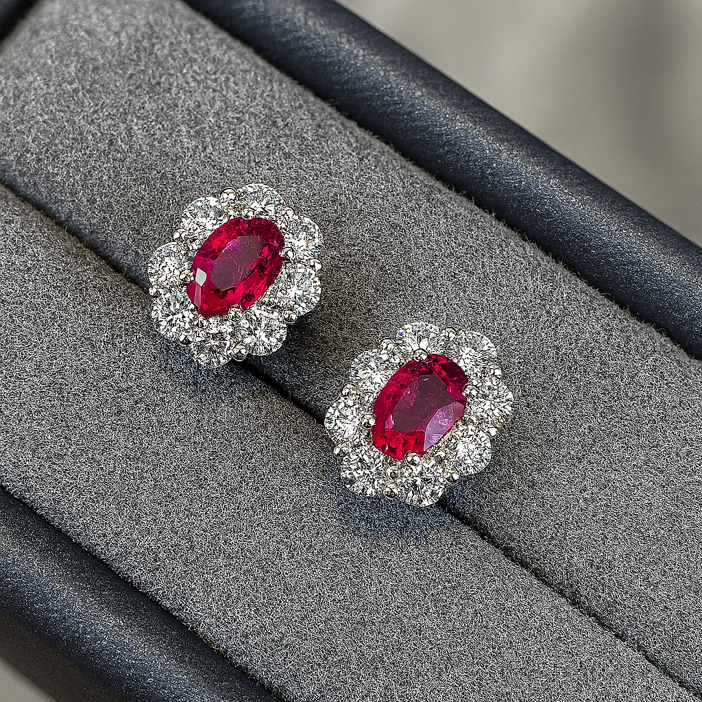Ruby Flower Stud Earrings – White Gold – Luxury Wedding Jewelry