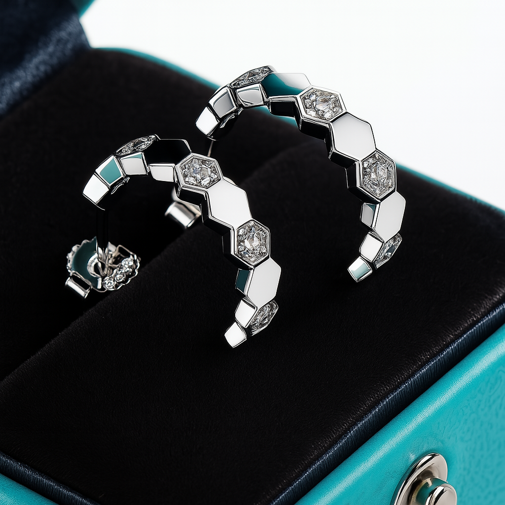AnuJewel Honeycomb Huggies – D Color Moissanite – White Gold
