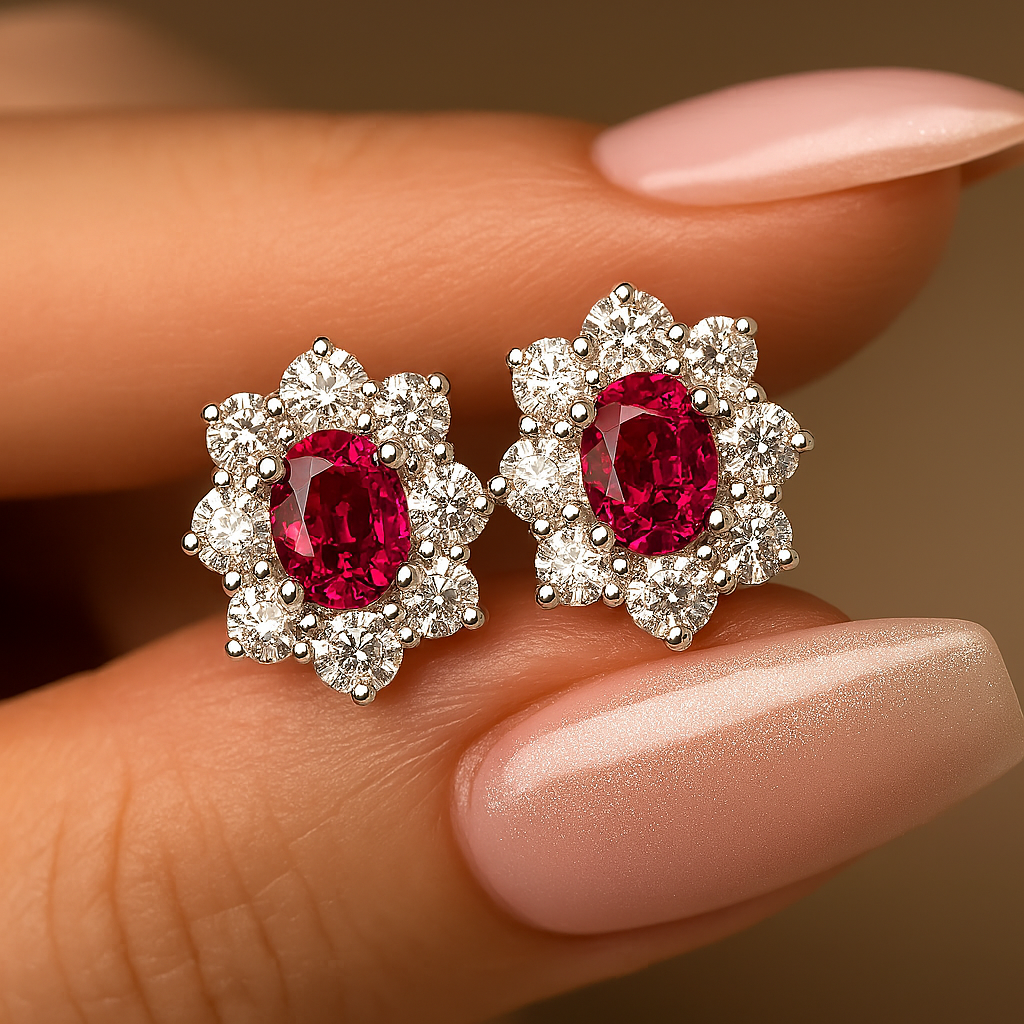 Ruby Flower Stud Earrings – White Gold – Luxury Wedding Jewelry