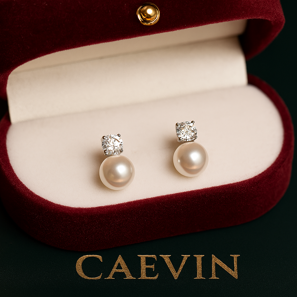 Pearl Drop Earrings – Moissanite Accent – FEOBUR – White Gold