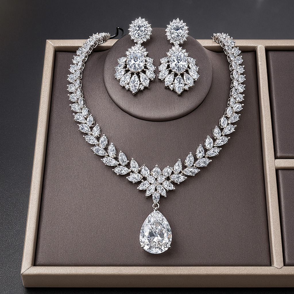 Premium White Gold Diamond-Inspired Jewelry Set – Necklace & Earrings