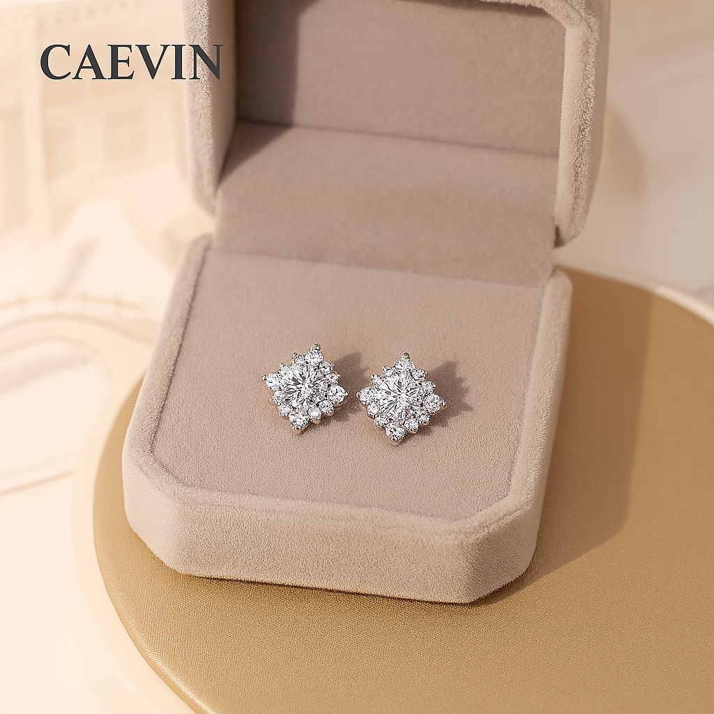 Snowflake Moissanite Studs – 18K White Gold – Pass Diamond Test
