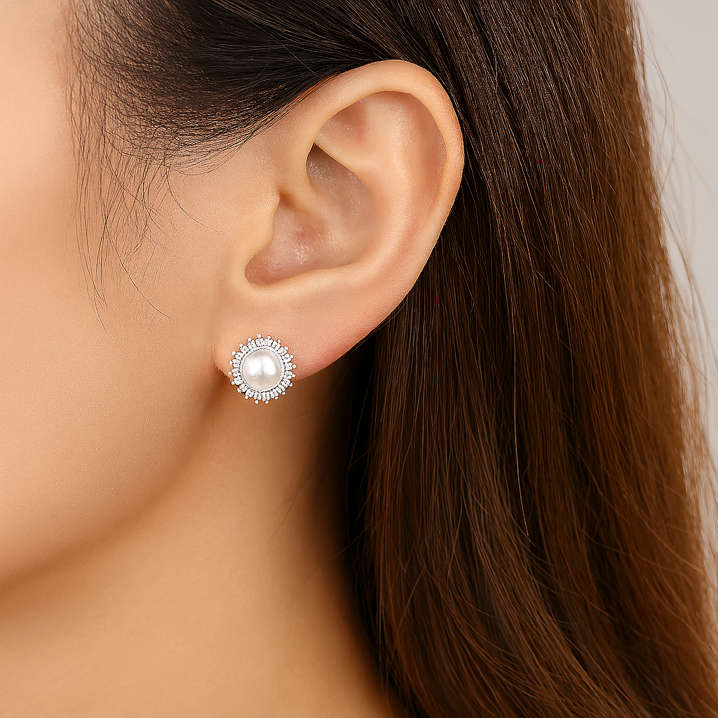 Sun Pearl Earrings – Natural 8–9mm – White Gold – Micro Inlaid