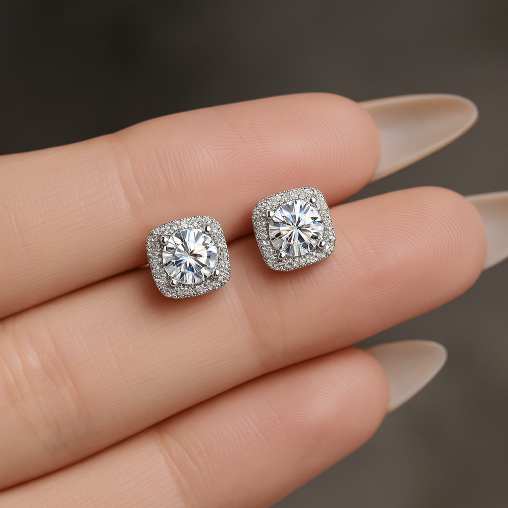 Radiant Moissanite 1CT – Classic Halo Studs in White Gold by KNB