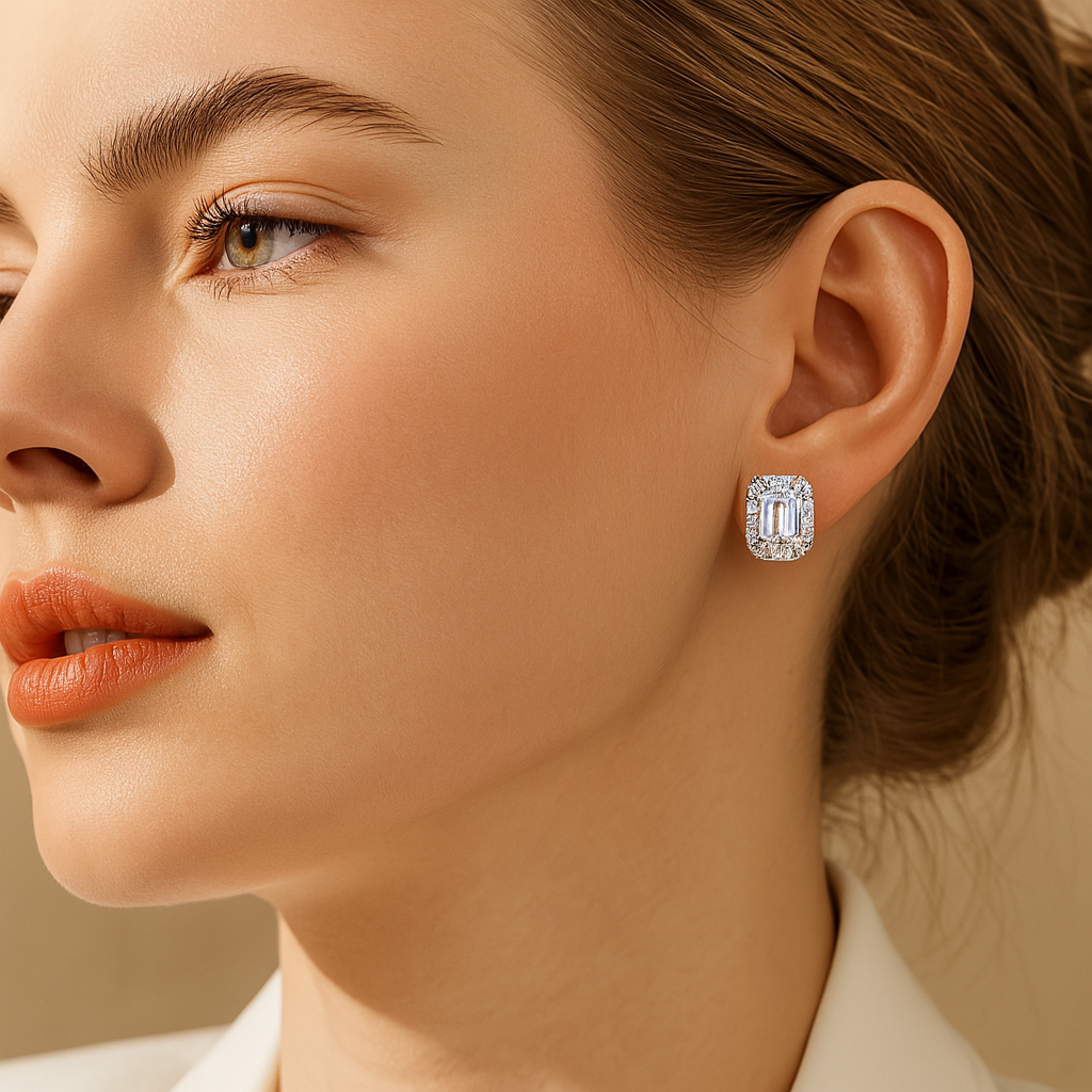 Moissanite Emerald Stud Earrings – Halo – 18K White Gold Plated