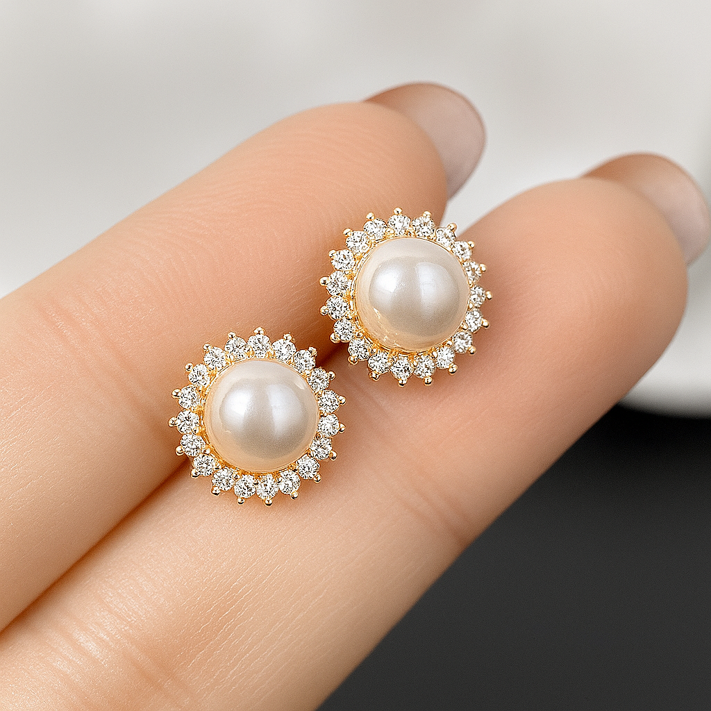 Sun Pearl Earrings – Natural 8–9mm – White Gold – Micro Inlaid