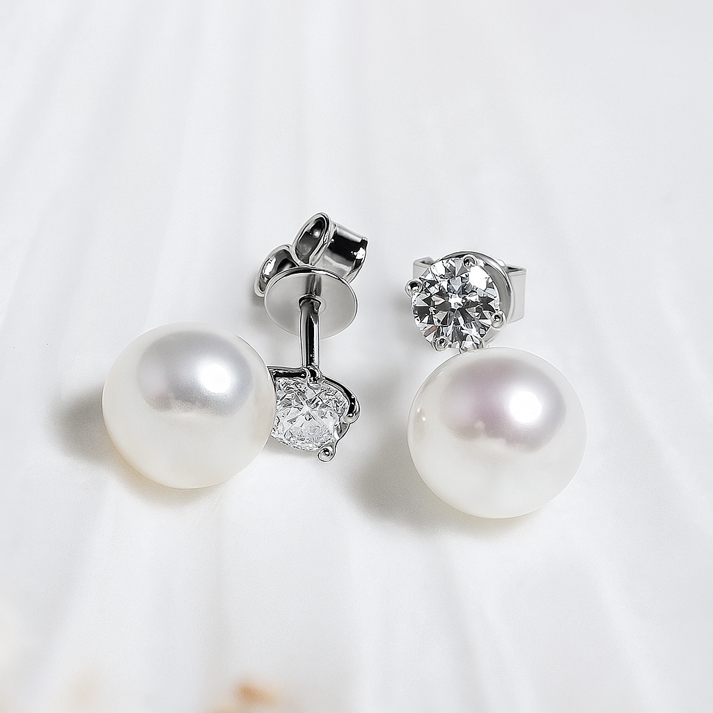 Pearl Drop Earrings – Moissanite Accent – FEOBUR – White Gold