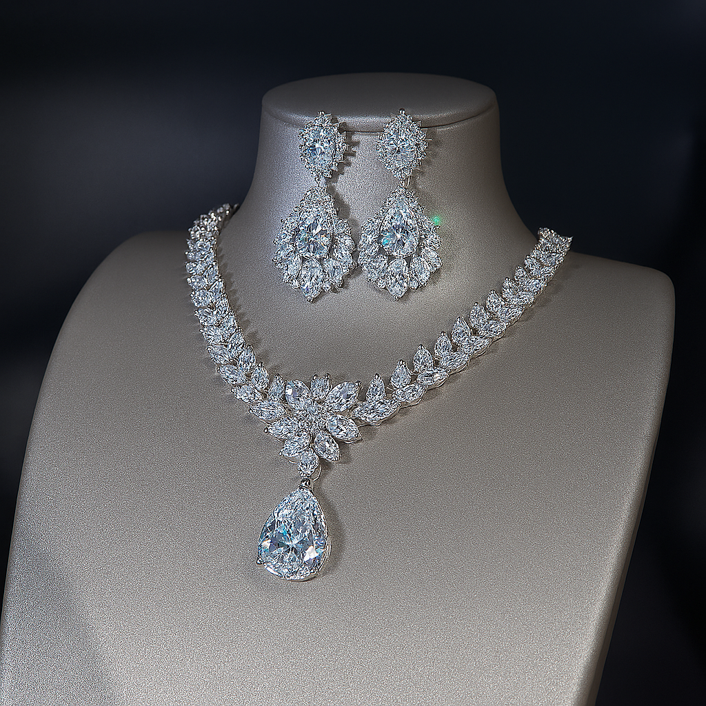 Premium White Gold Diamond-Inspired Jewelry Set – Necklace & Earrings