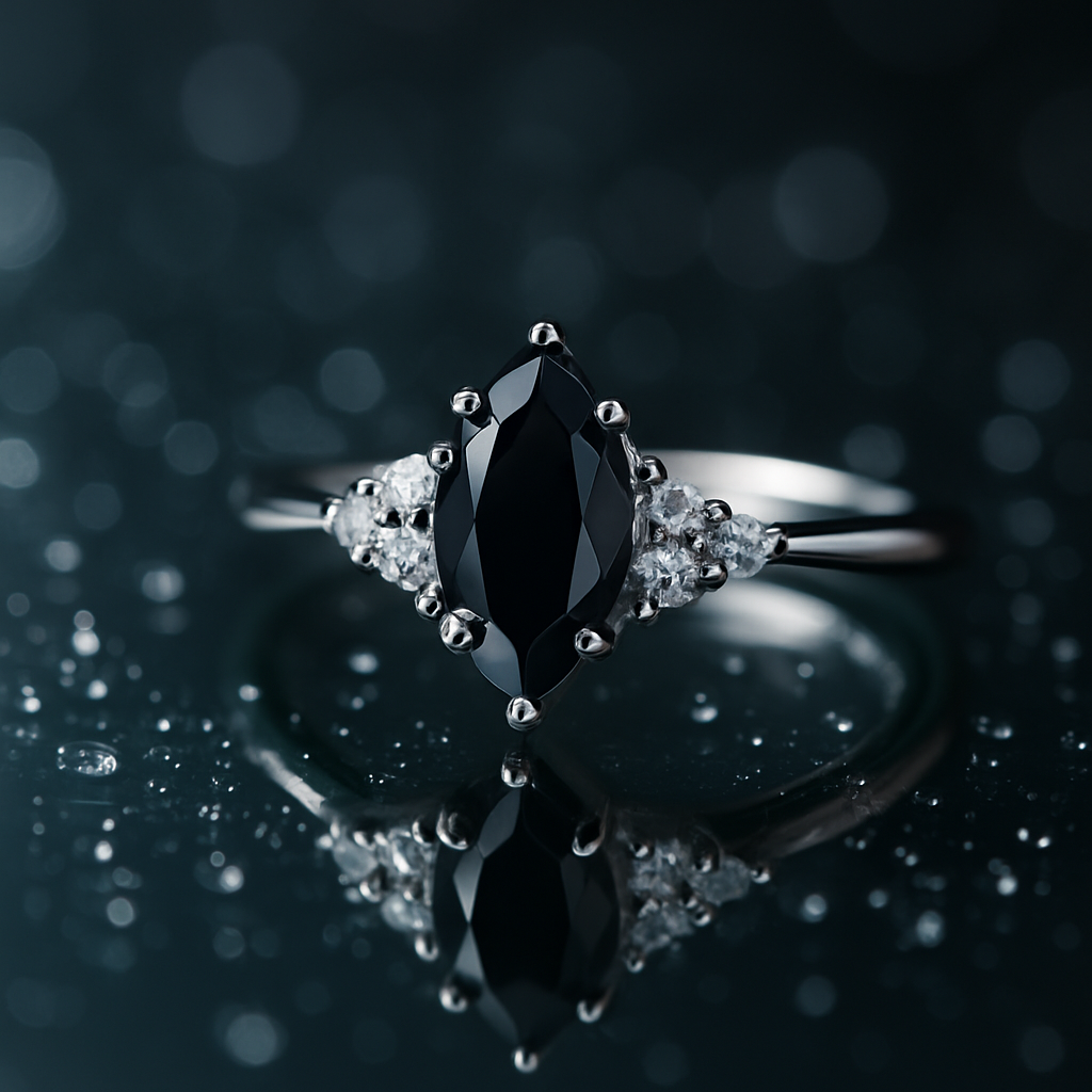 Elegant Black Agate Ring – Premium White Gold Finish, Classic Sparkle