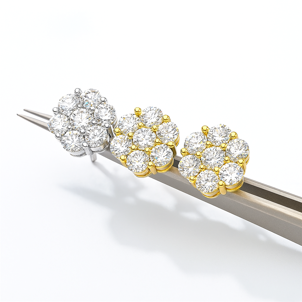 CAEVIN Moissanite Flower Studs β 7CT 5mm β White Gold β Bridal Cluster Earrings