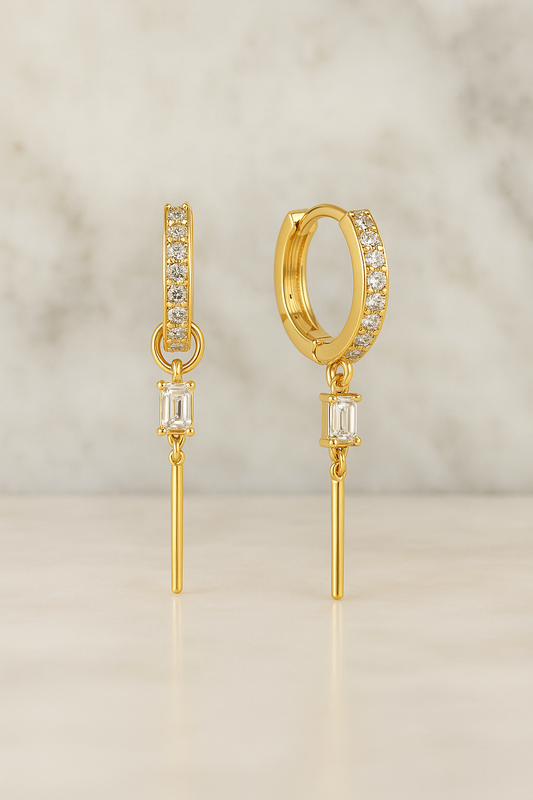 White Gold Hoop Earrings – Full Zircon – Rectangle Drop – Luxury Gift
