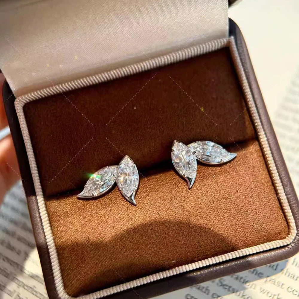 Marquise Cut Moissanite Studs – 2-Leaf Design – 4CT – White Gold