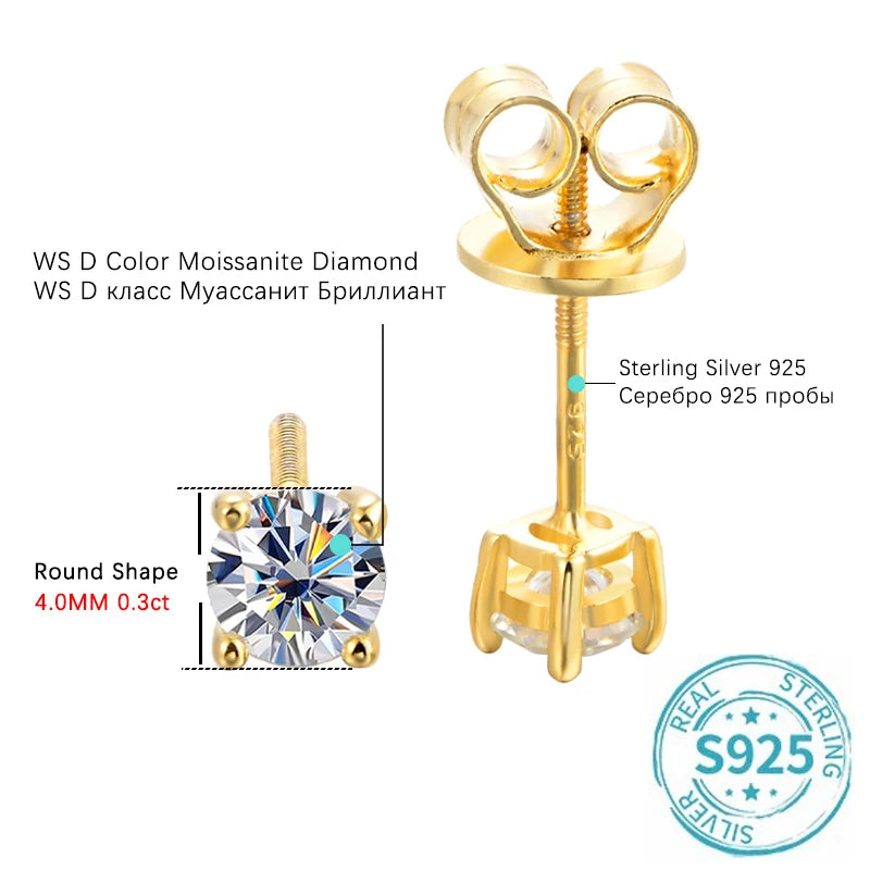 Elegant Moissanite Ear Studs – D Color, Gold-Plated