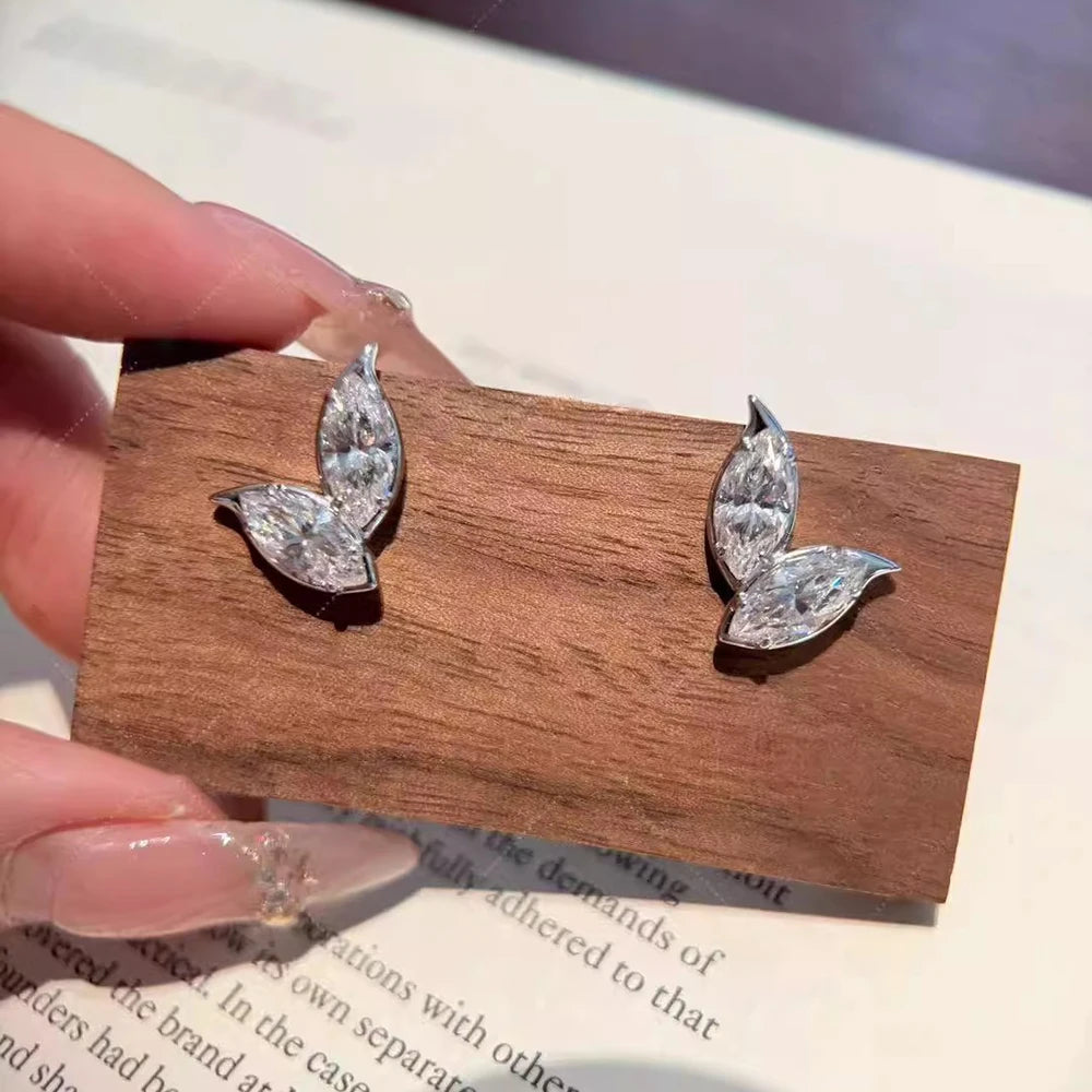Marquise Cut Moissanite Studs – 2-Leaf Design – 4CT – White Gold