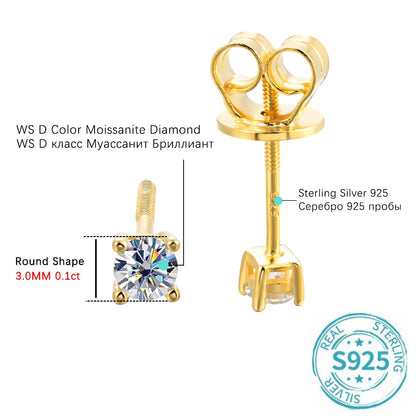 Elegant Moissanite Ear Studs – D Color, Gold-Plated