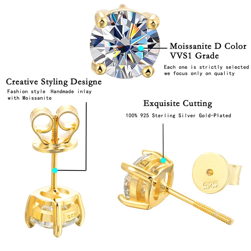 Elegant Moissanite Ear Studs – D Color, Gold-Plated