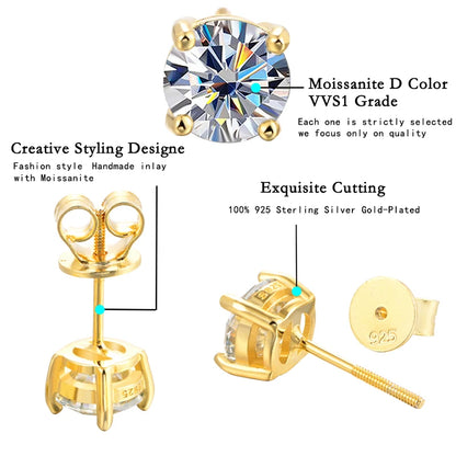 Elegant Moissanite Ear Studs – D Color, Gold-Plated