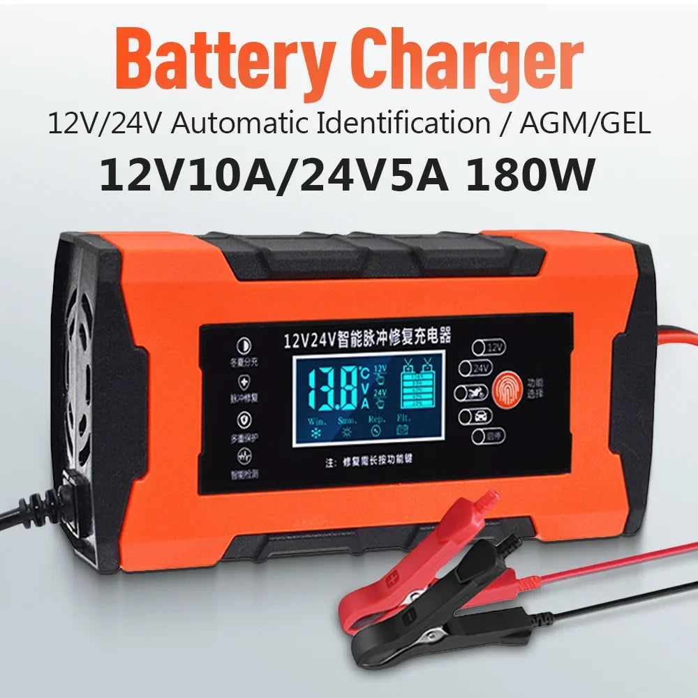 Automatic 10A Car Battery Charger – Intelligent 12V/24V Fast Charging & Repair Mode