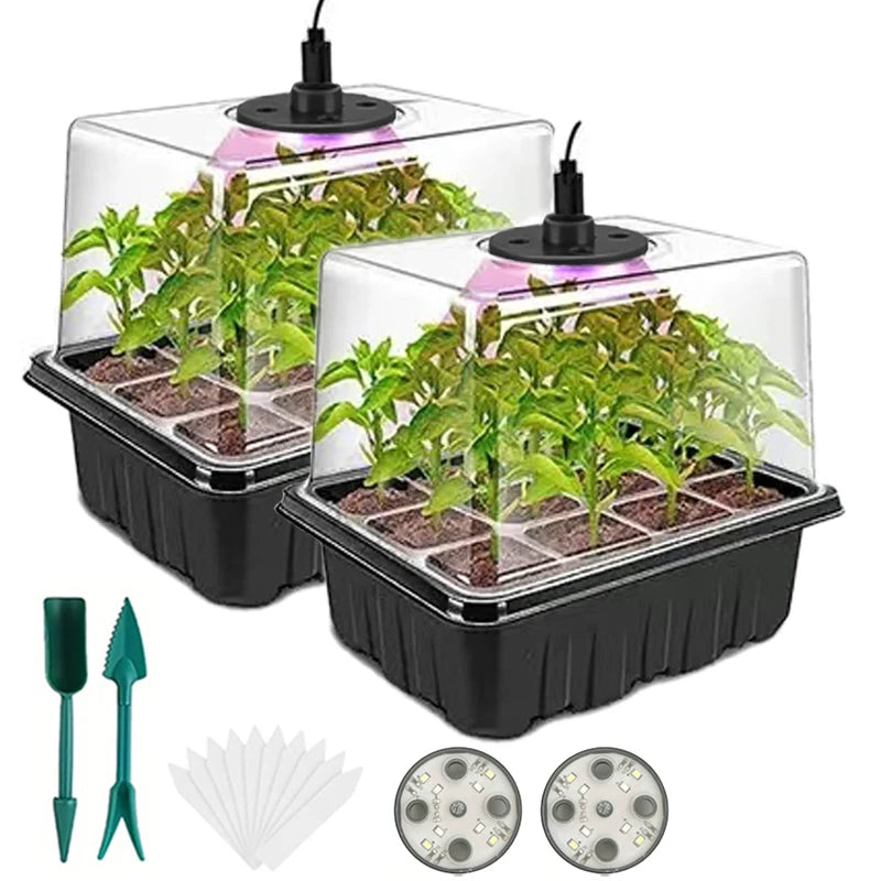 Seed starter tray with grow lights, 2 seed germination kits with adjustable humidity dome, mini greenhouse for seed germination