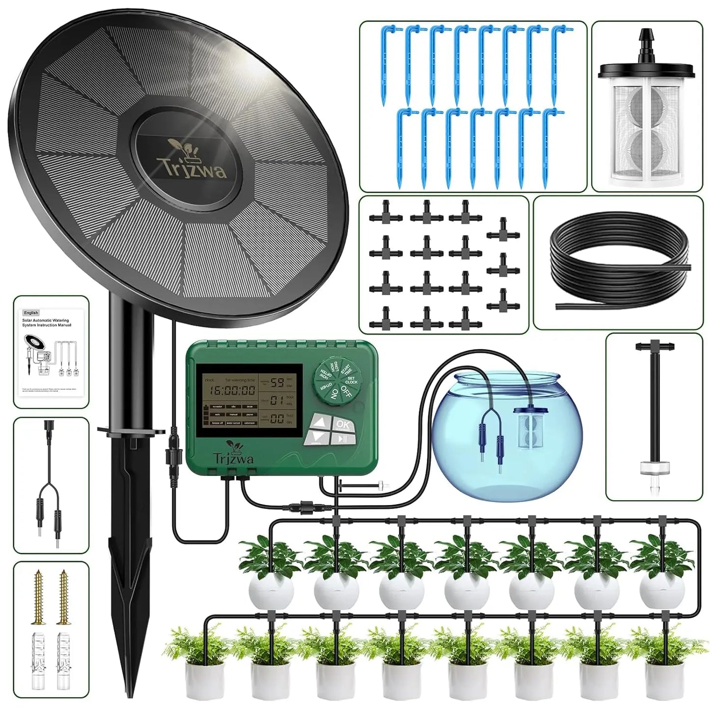 Solar Irrigation Equipment Greenhouse Irrigation Drip Irrigation Kit with 15M Hose for Potted Plants with Automatic Timer