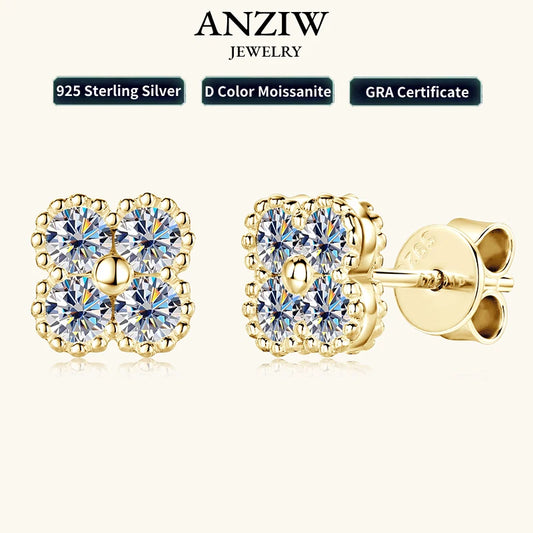 2025 Trendy Four Clover Moissanite Stud Earrings 925 Sterling Silver Flower Piercing Ear Jewelry for Women 3mm Lab Diamond Gifts