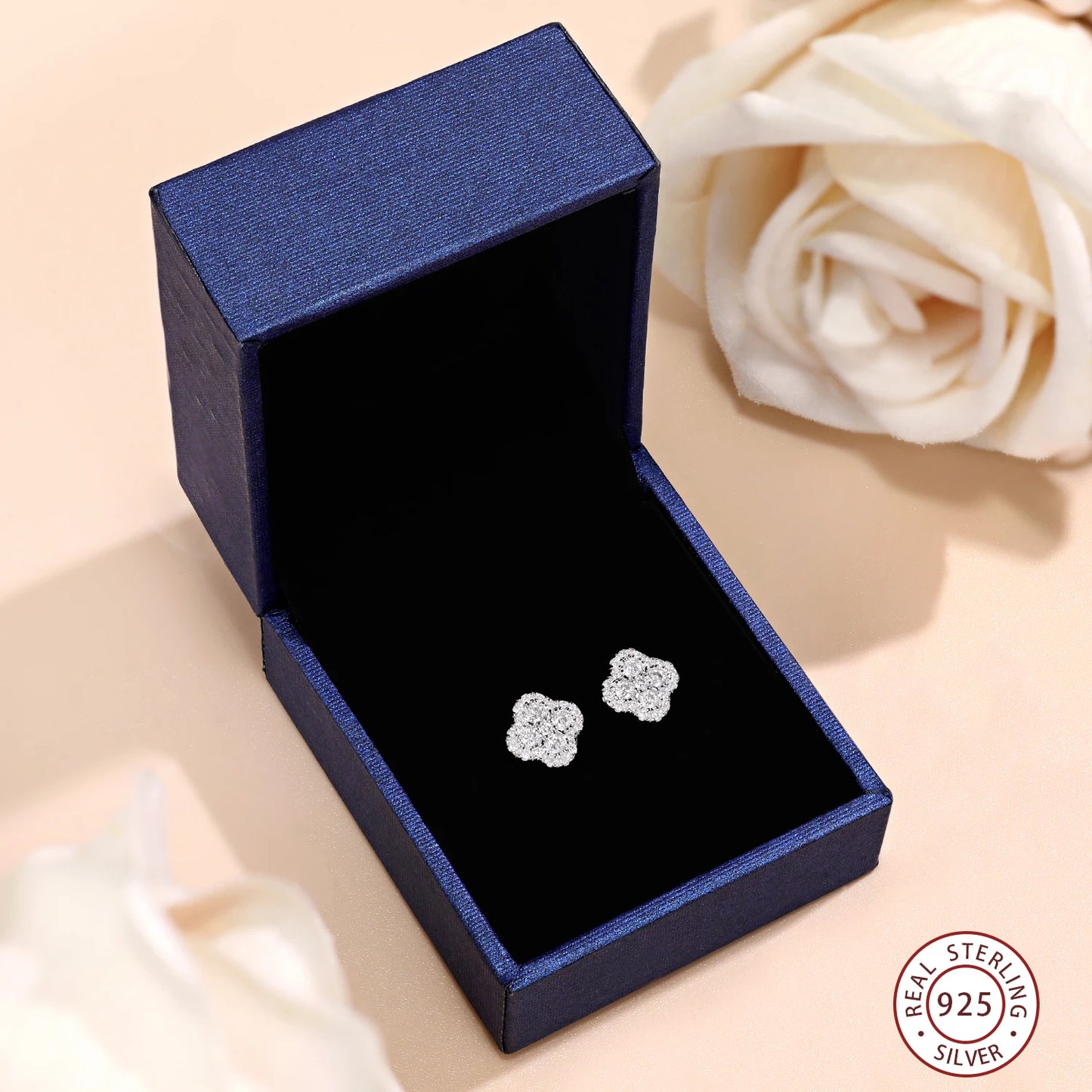 M-JAJA Lucky Clover Studs – D Color Moissanite – White Gold Elegance