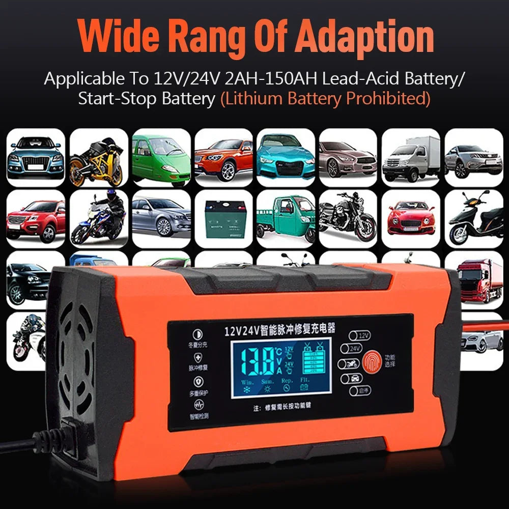 Automatic 10A Car Battery Charger – Intelligent 12V/24V Fast Charging & Repair Mode