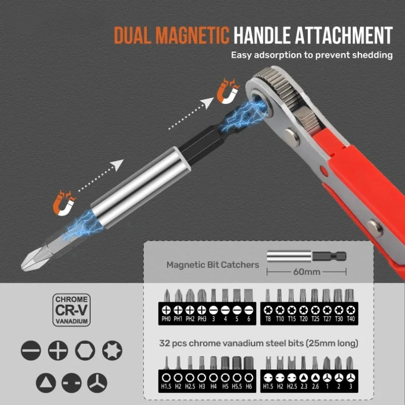 Apollo 1/4" Drive Quick-Release Ratchet & Bit Set, Cr-V Steel w/ Phillips/Slotted Screwdrivers for Auto Repair & Hand Tools