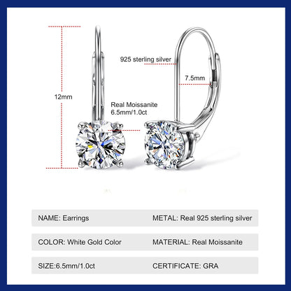 Sweetrain 1CT Moissanite Earrings for Women 6.5mm D Color Brilliant Round Cut Lab Created Diamond Earring Pure 925 Silver Hoops