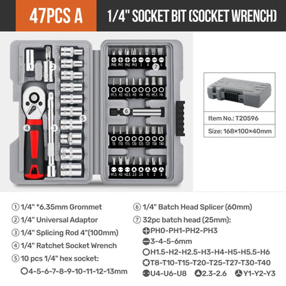 Apollo 1/4" Drive Quick-Release Ratchet & Bit Set, Cr-V Steel w/ Phillips/Slotted Screwdrivers for Auto Repair & Hand Tools