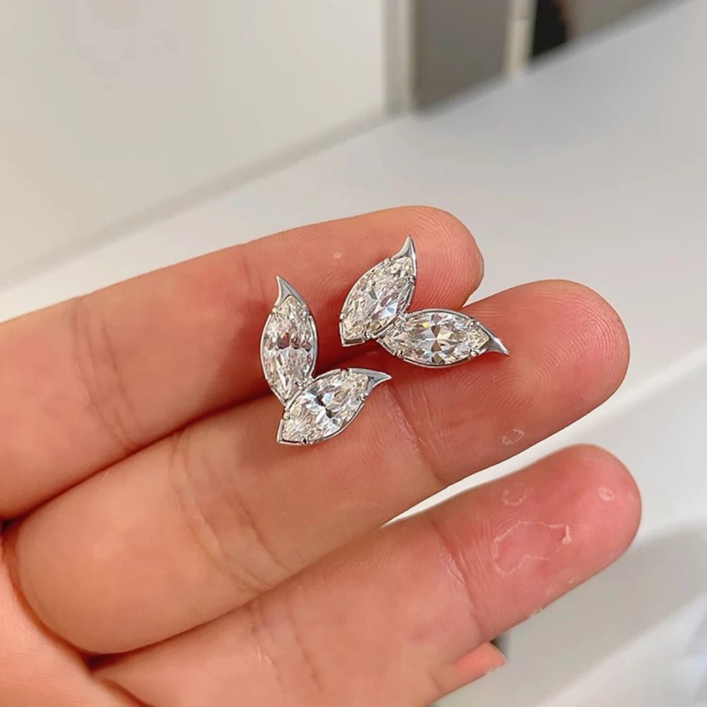 Marquise Cut Moissanite Studs – 2-Leaf Design – 4CT – White Gold