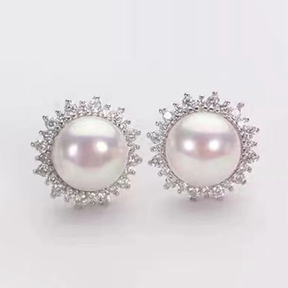 Sun Pearl Earrings – Natural 8–9mm – White Gold – Micro Inlaid