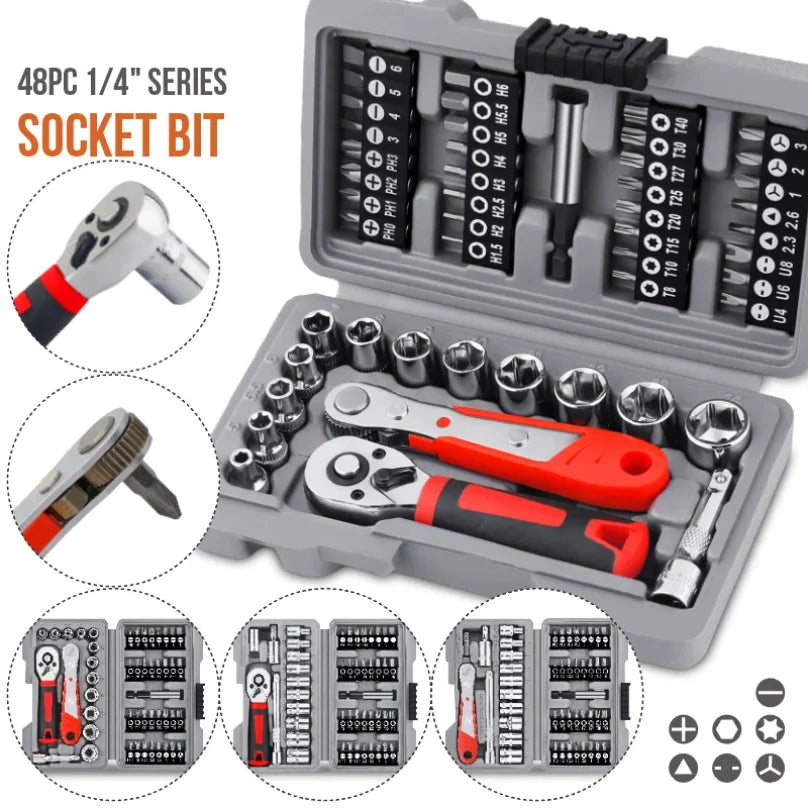 Apollo 1/4" Drive Quick-Release Ratchet & Bit Set, Cr-V Steel w/ Phillips/Slotted Screwdrivers for Auto Repair & Hand Tools