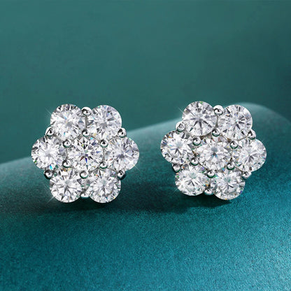 CAEVIN Moissanite Flower Studs – 7CT 5mm – White Gold – Bridal Cluster Earrings