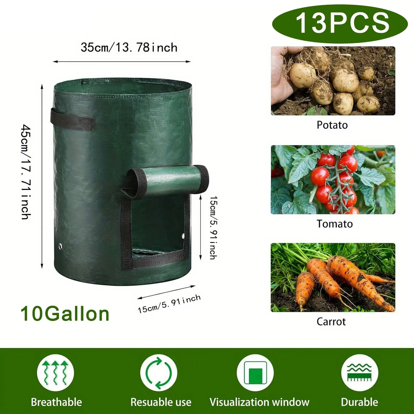 SPONDWILD 17 Pcs Thickened Potato Planting Bag 10 Gallon Garden PE Fabric Gardening Pot Vegetable Flowerpot Outdoor Planting Bag