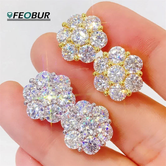 CAEVIN Moissanite Flower Studs – 7CT 5mm – White Gold – Bridal Cluster Earrings