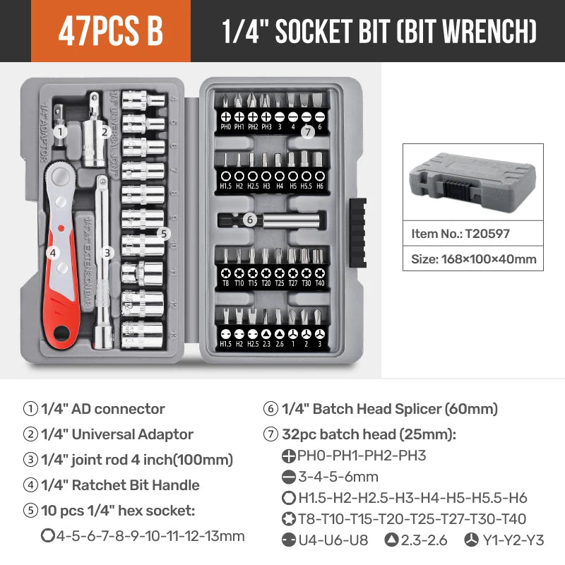 Apollo 1/4" Drive Quick-Release Ratchet & Bit Set, Cr-V Steel w/ Phillips/Slotted Screwdrivers for Auto Repair & Hand Tools
