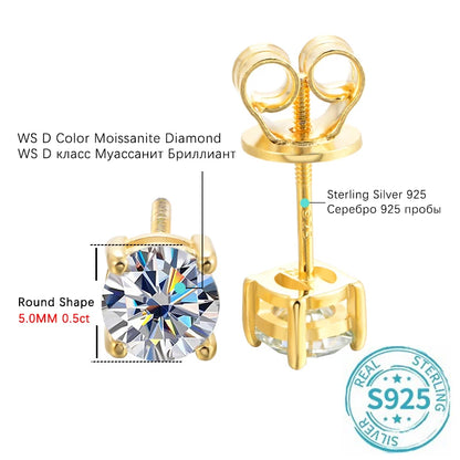 Elegant Moissanite Ear Studs – D Color, Gold-Plated