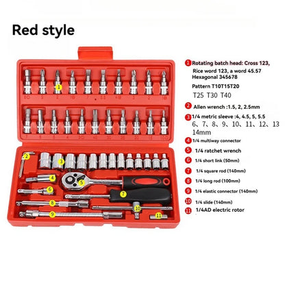 46pc Drive Socket Set 1/4 inch Ratchet Wrench Set with Sockets Metric Hex Bit Socket Set Mechanic Tool Kits for Hous Auto Repair