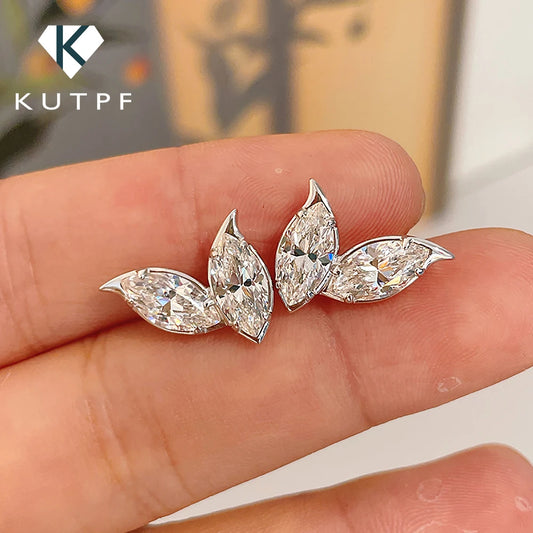 Marquise Cut Moissanite Studs – 2-Leaf Design – 4CT – White Gold