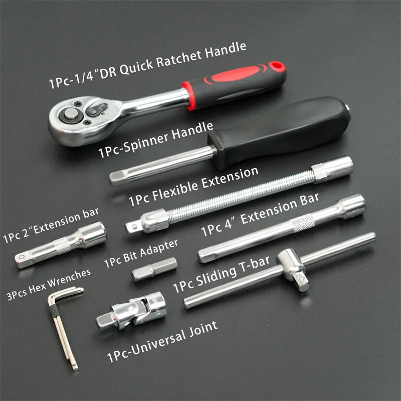46pc Drive Socket Set 1/4 inch Ratchet Wrench Set with Sockets Metric Hex Bit Socket Set Mechanic Tool Kits for Hous Auto Repair