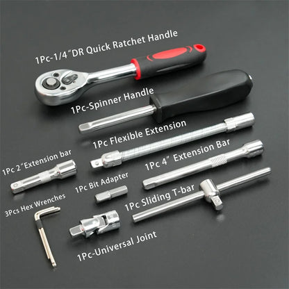 46pc Drive Socket Set 1/4 inch Ratchet Wrench Set with Sockets Metric Hex Bit Socket Set Mechanic Tool Kits for Hous Auto Repair