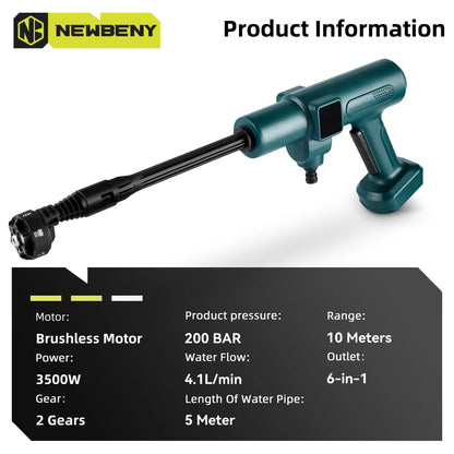 NEWBENY 200Bar Brushless High Pressure Car Washer Gun 6 IN 1 Electric Garden Washing Water Wash Spray Gun For Makita Battery Pin