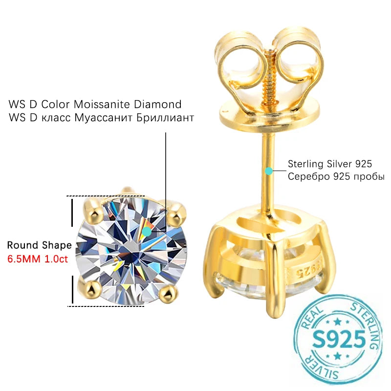 Elegant Moissanite Ear Studs – D Color, Gold-Plated