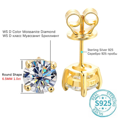 Elegant Moissanite Ear Studs – D Color, Gold-Plated