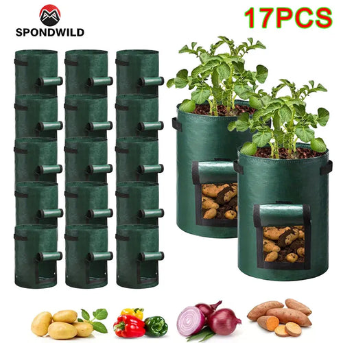 SPONDWILD 17 Pcs Thickened Potato Planting Bag 10 Gallon Garden PE Fabric Gardening Pot Vegetable Flowerpot Outdoor Planting Bag