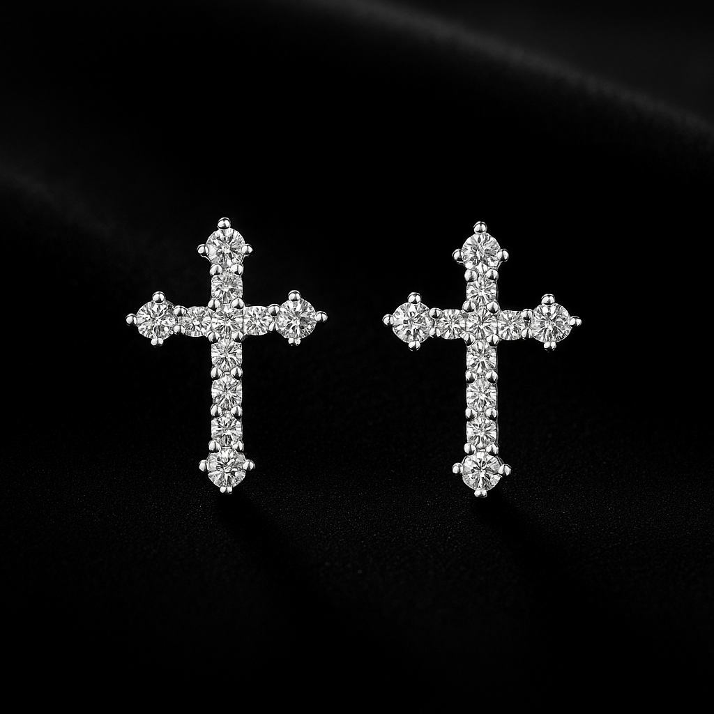Cross Moissanite Studs – White Gold – Wedding & Party Jewelry