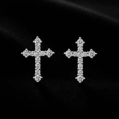 Cross Moissanite Studs – White Gold – Wedding & Party Jewelry