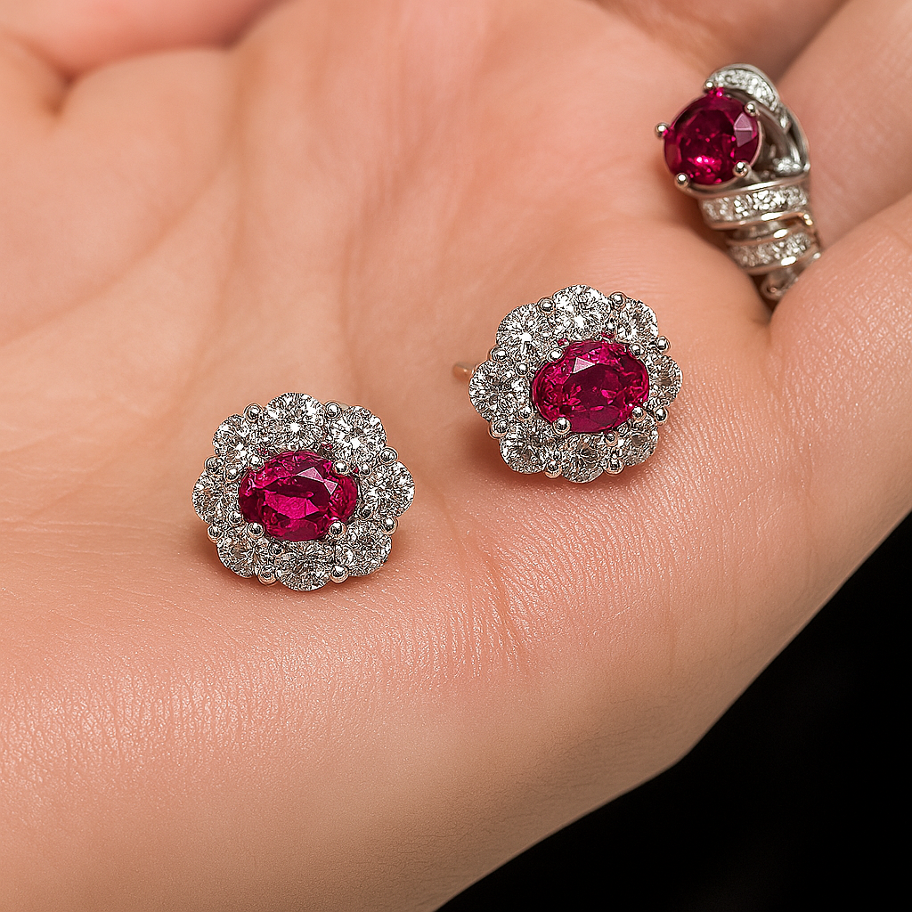 Ruby Flower Stud Earrings – White Gold – Luxury Wedding Jewelry